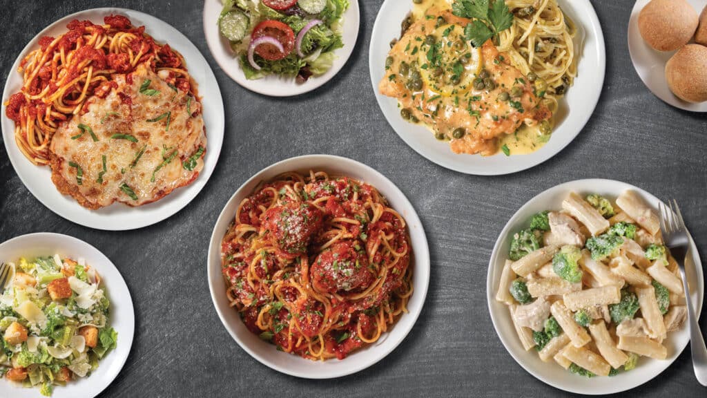 A wide spread displaying Bertucci's Italian meal
