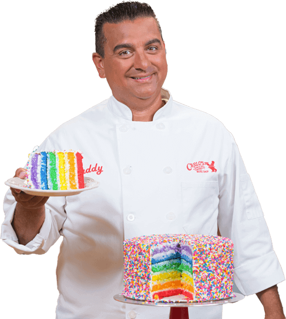 An image of Buddy Valastro holding a slice of his signature cake