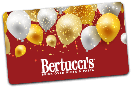 An image of a Bertucci's gift card with a graphic of balloons