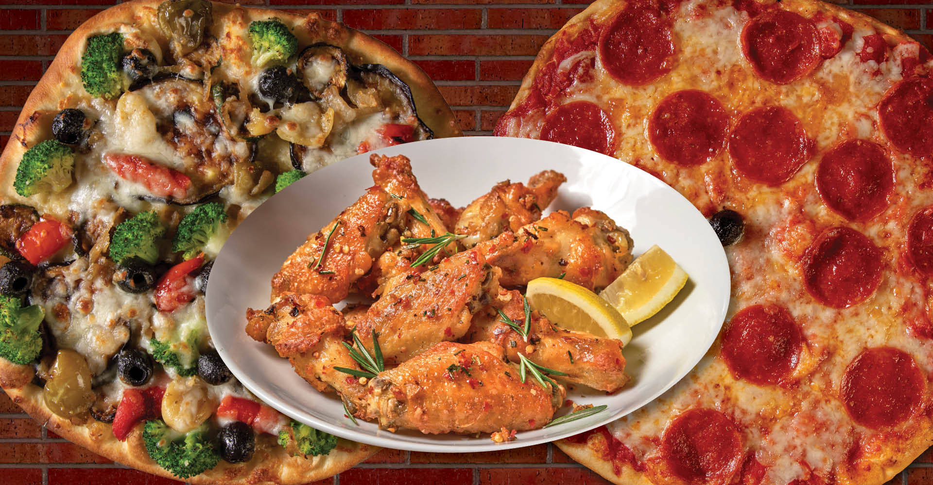 Lemon and rosemary chicken wings in front of two Bertucci's pizzas