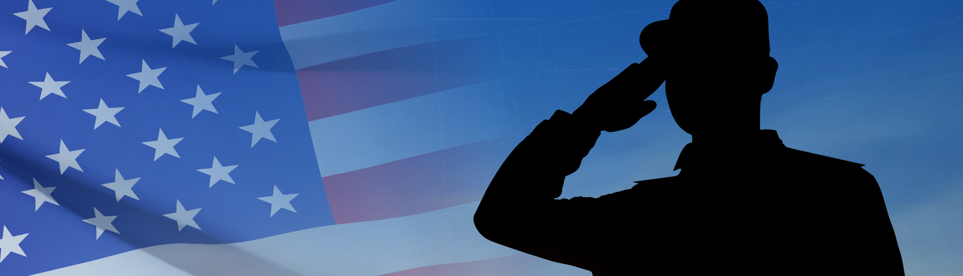 A silhouette of a soldier in front of an American flag
