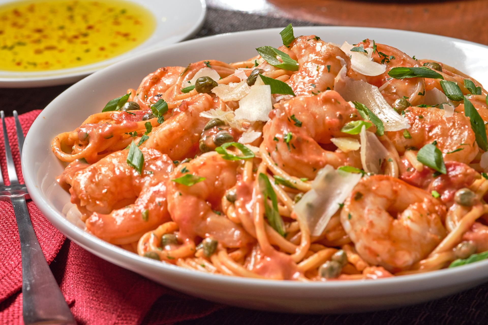 A large bowl of shrimp rossini