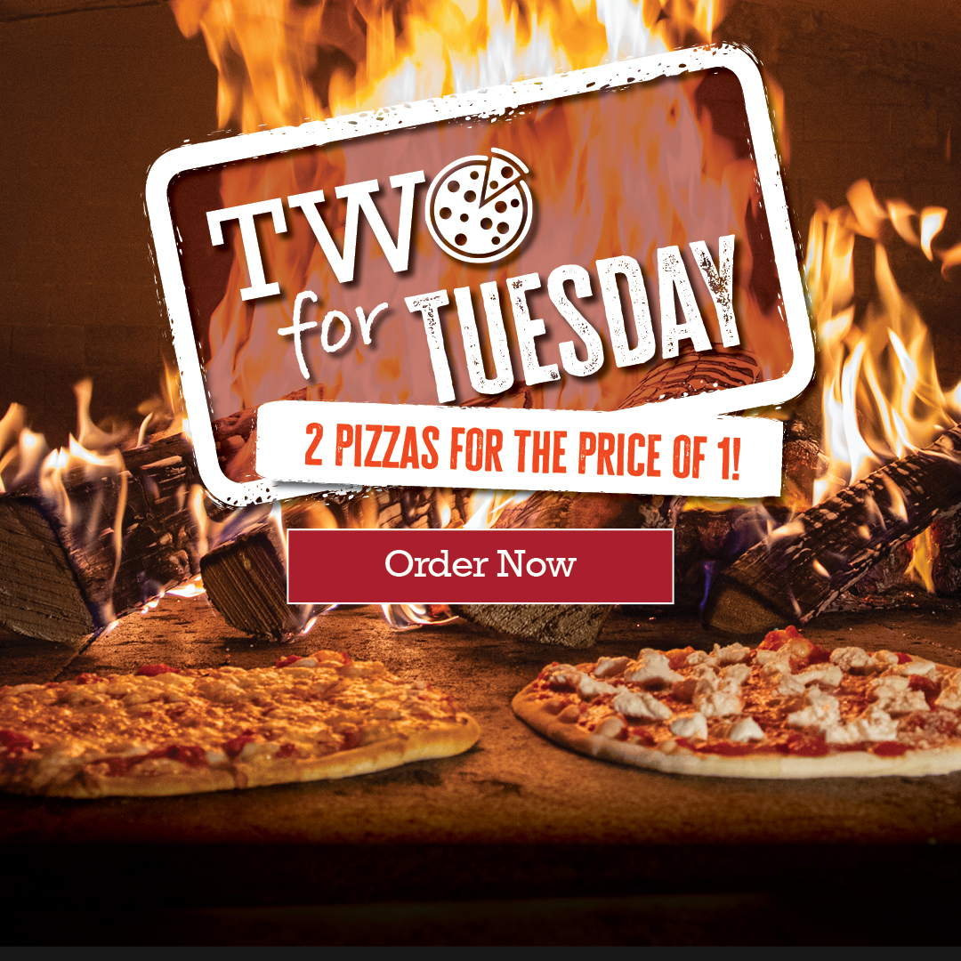 Two for Tuesday. 2 pizzas for the price of 1! Order now.