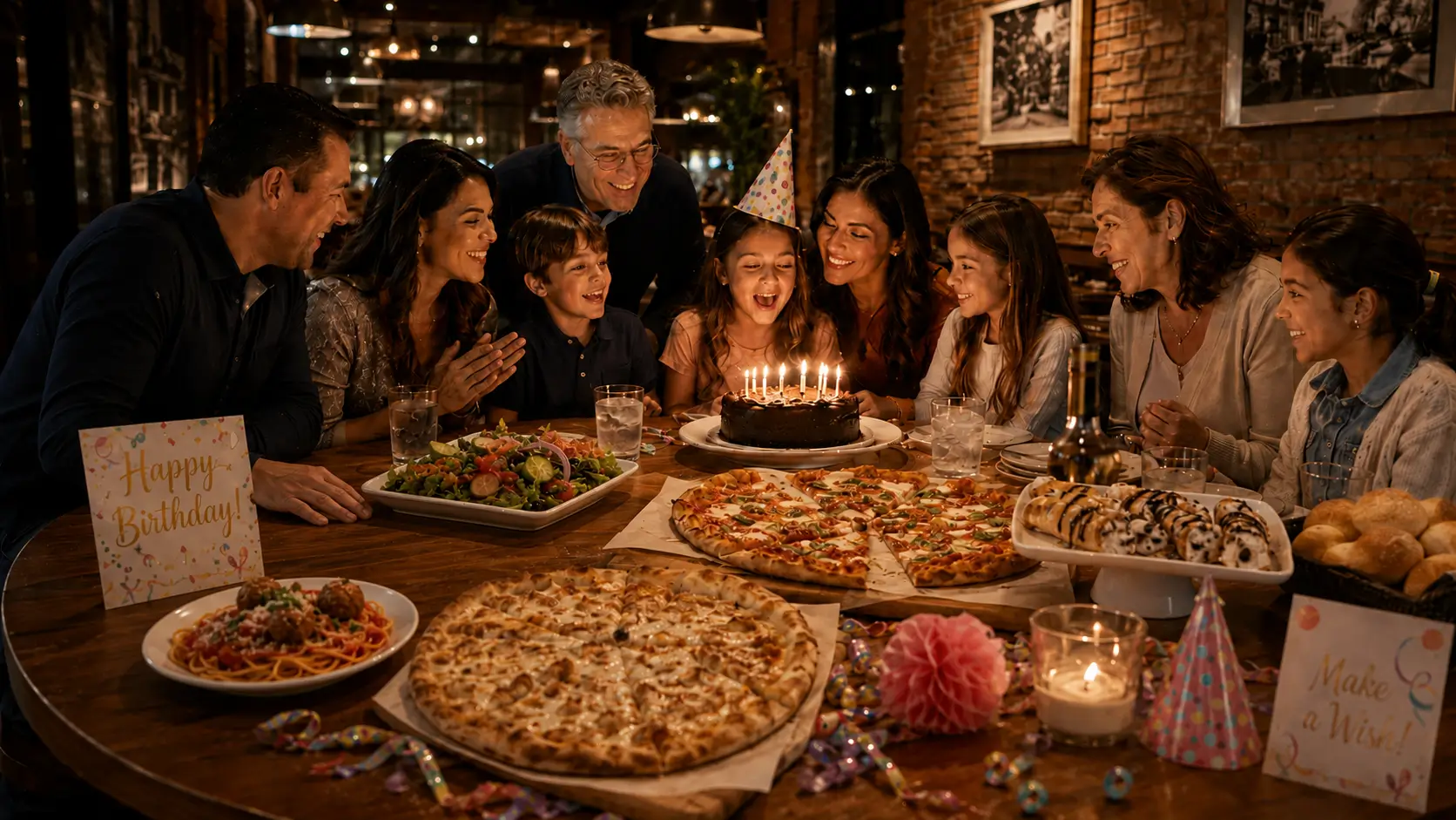 A birthday party group celebrates a child’s birthday at Bertucci’s with pizza, pasta, salad, rolls, cannoli, and a chocolate birthday cake topped with lit candles.