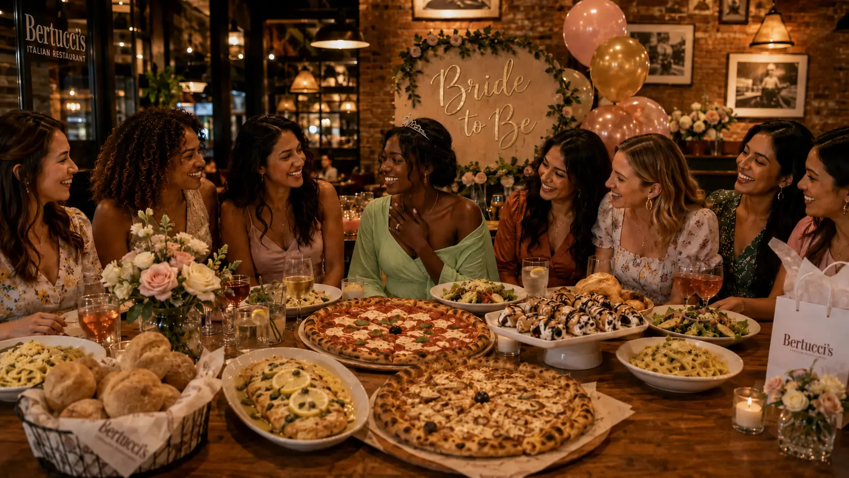 Bridal shower group dining celebration at Bertucci’s with the bride-to-be, friends, pizza, pasta, salad, rolls and cannoli.