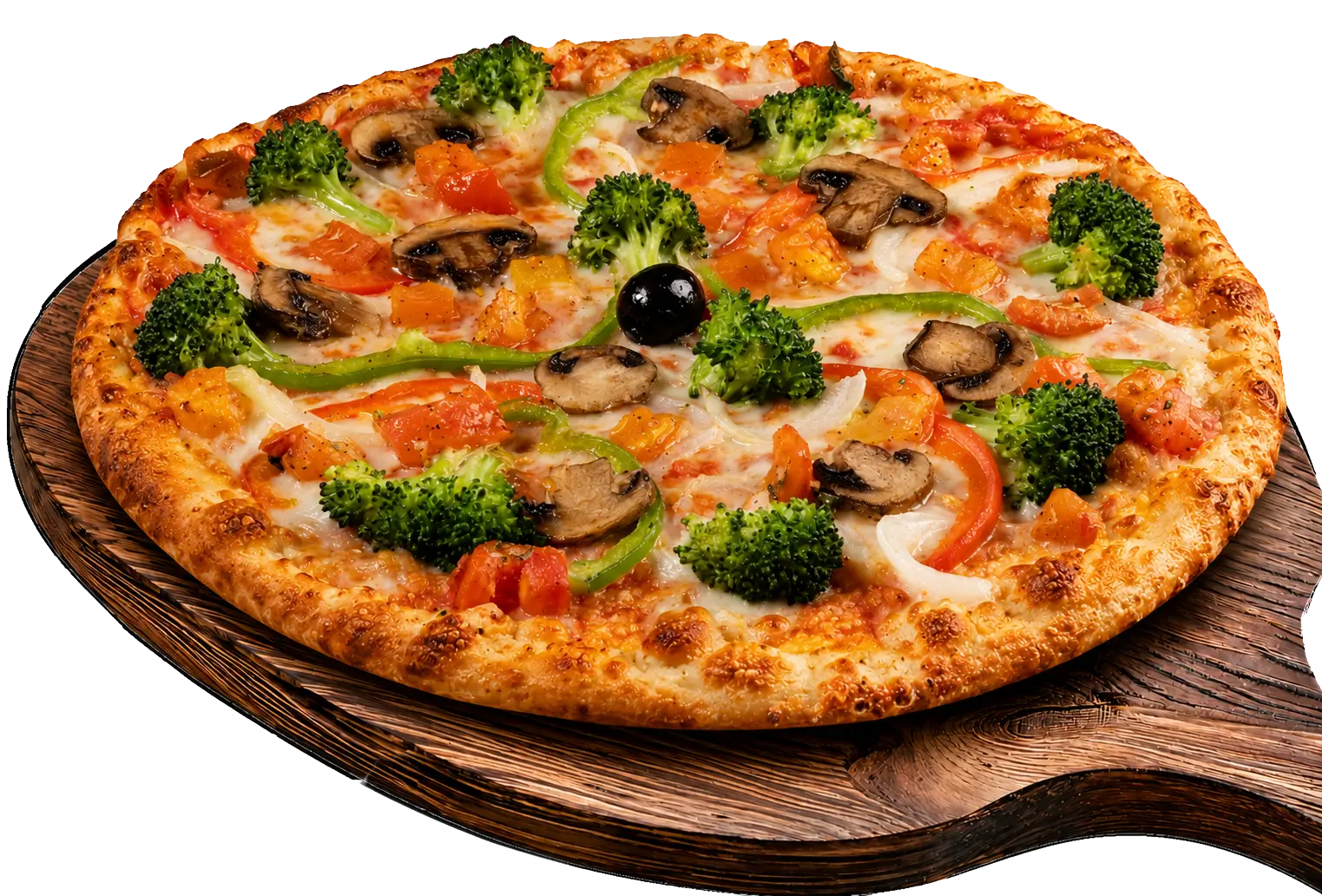 Garden Fresh veggie pizza with broccoli, mushrooms, peppers, onions, tomatoes, melted cheese, and a single black olive in the center on a wooden pizza peel against a white background.