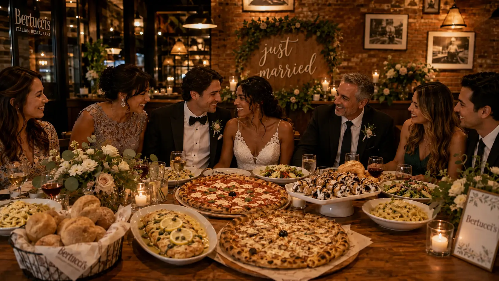 A wedding reception dinner at Bertucci’s with a bride, groom and guests smiling around a table filled with pizza, pasta, salad, bread, desserts, flowers and drinks in a warm brick restaurant dining room.