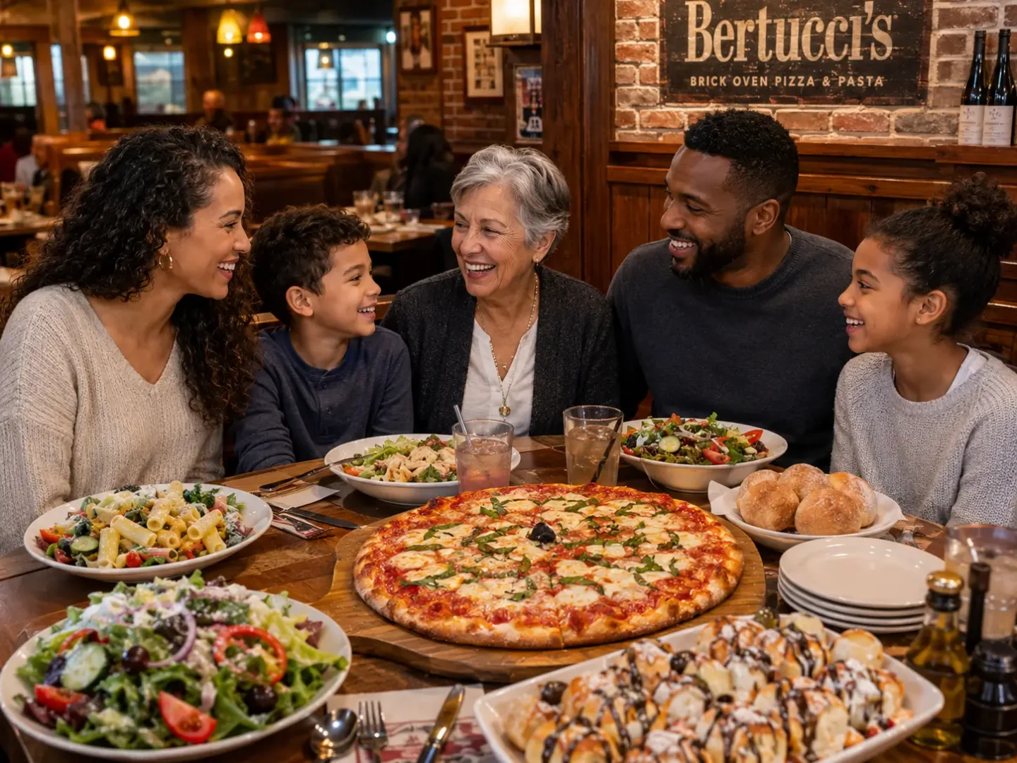 A family shares pizza, pasta, salad, and rolls at a Bertucci’s table.