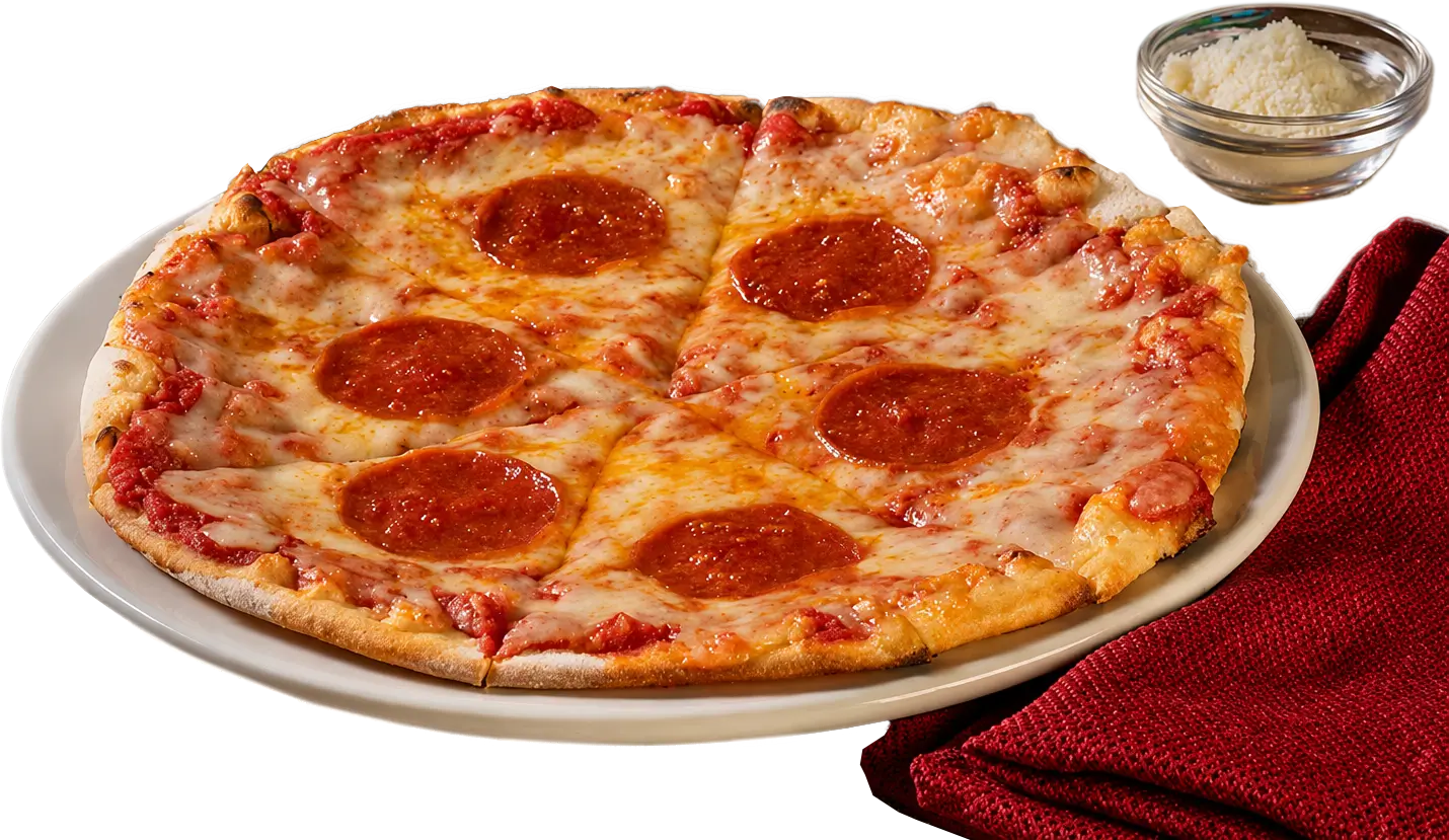 A Kid's Pepperoni Pizza next to a napkin and a ramekin of Parmesan cheese