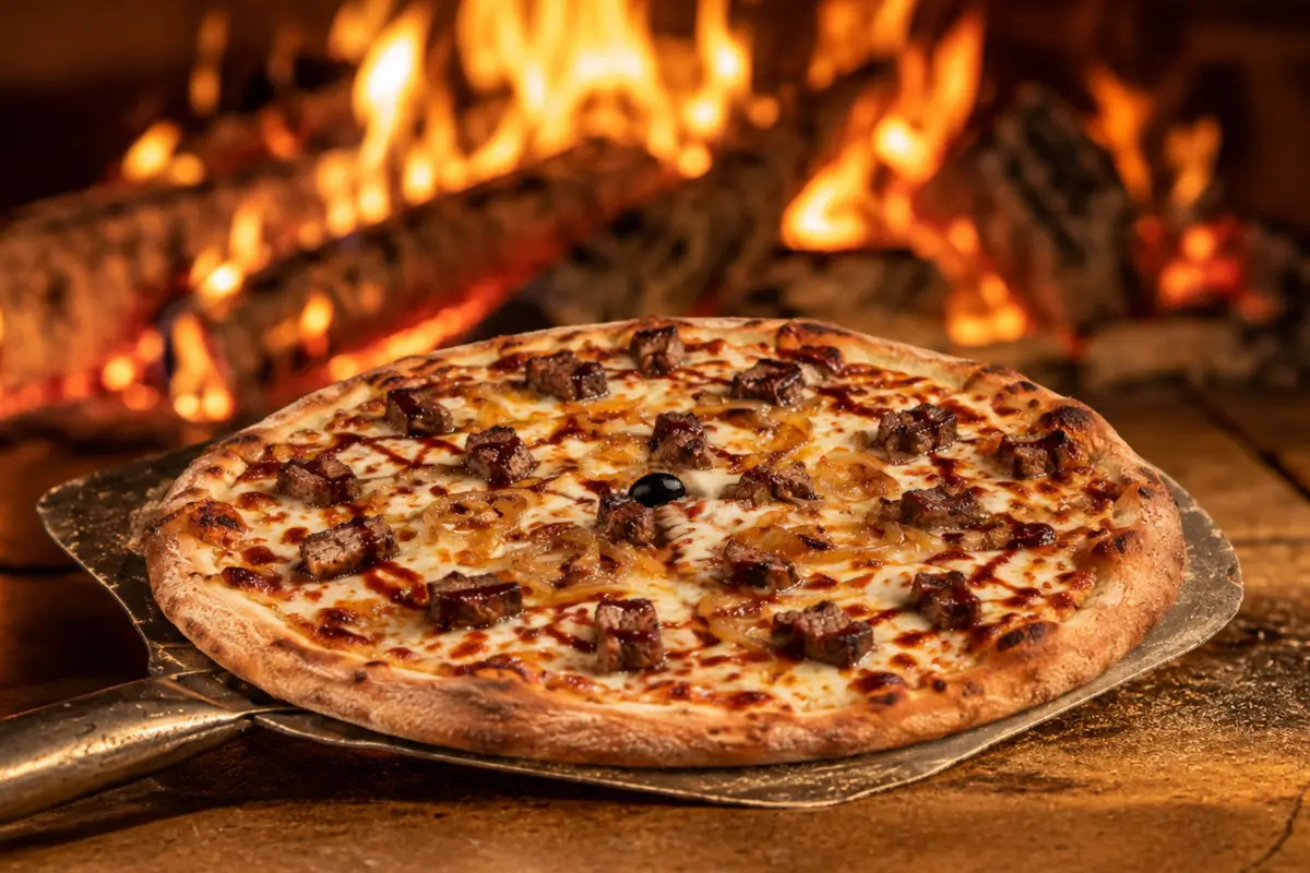 Steakhouse Pizza topped with steak, caramelized onions, cheese and olives in front of Bertucci’s brick oven.